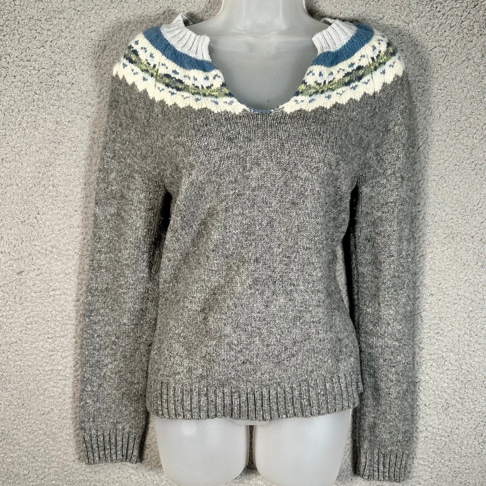 Old Navy Lambswool Fair Isle Sweater Womens M Gray Nordic Cabincore Cozy Knit